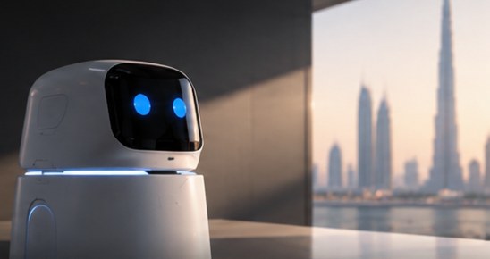 Service robot in a room overlooking the Dubai skyline